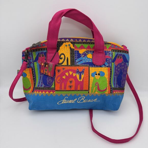 Laurel Burch Crossbody Bag Purse Dog Portrait Tote Canvas Art to Wear Colorful - Picture 1 of 15